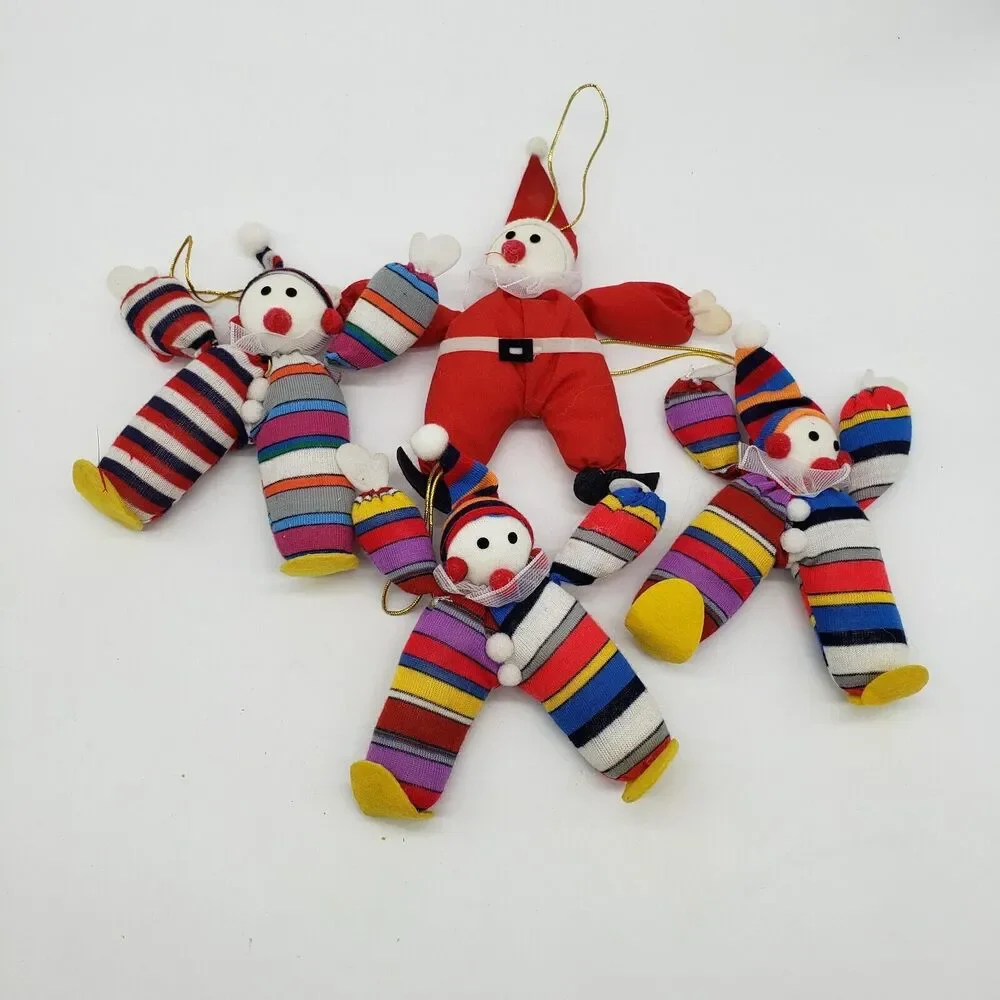 Vintage Cotton Stuffed Santa Christmas Ornament with 3 Elf Clown‎ Ornaments